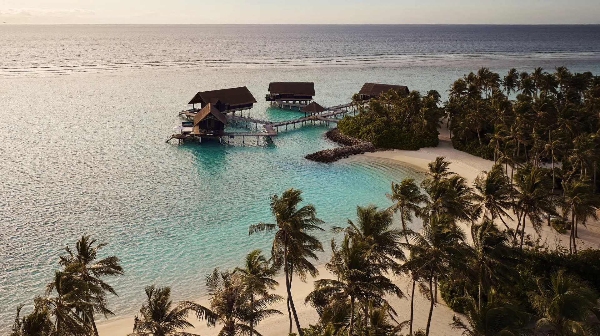 One and Only Reethi Rah Maldives overwater villas aerial view North Male Atoll