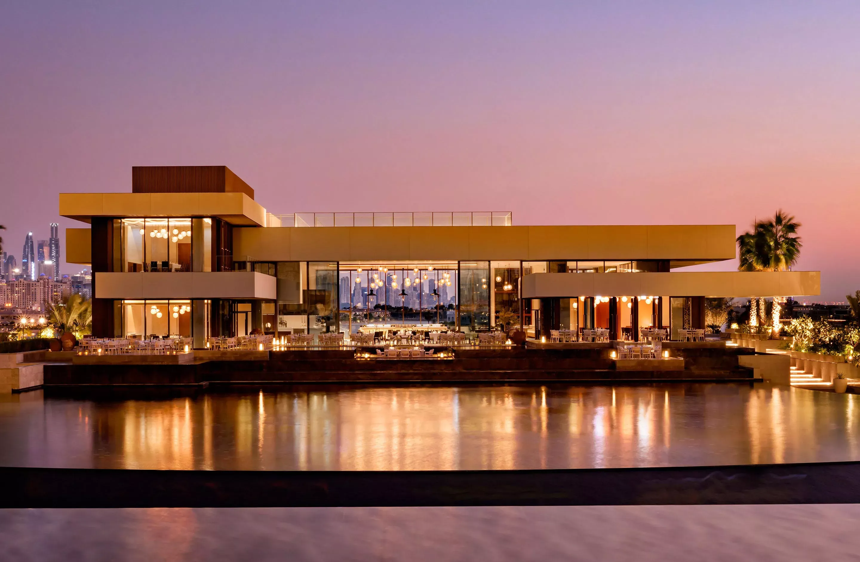 Estiatorio Milos Dubai exterior across the skyblaze fountain in Atlantis The Royal