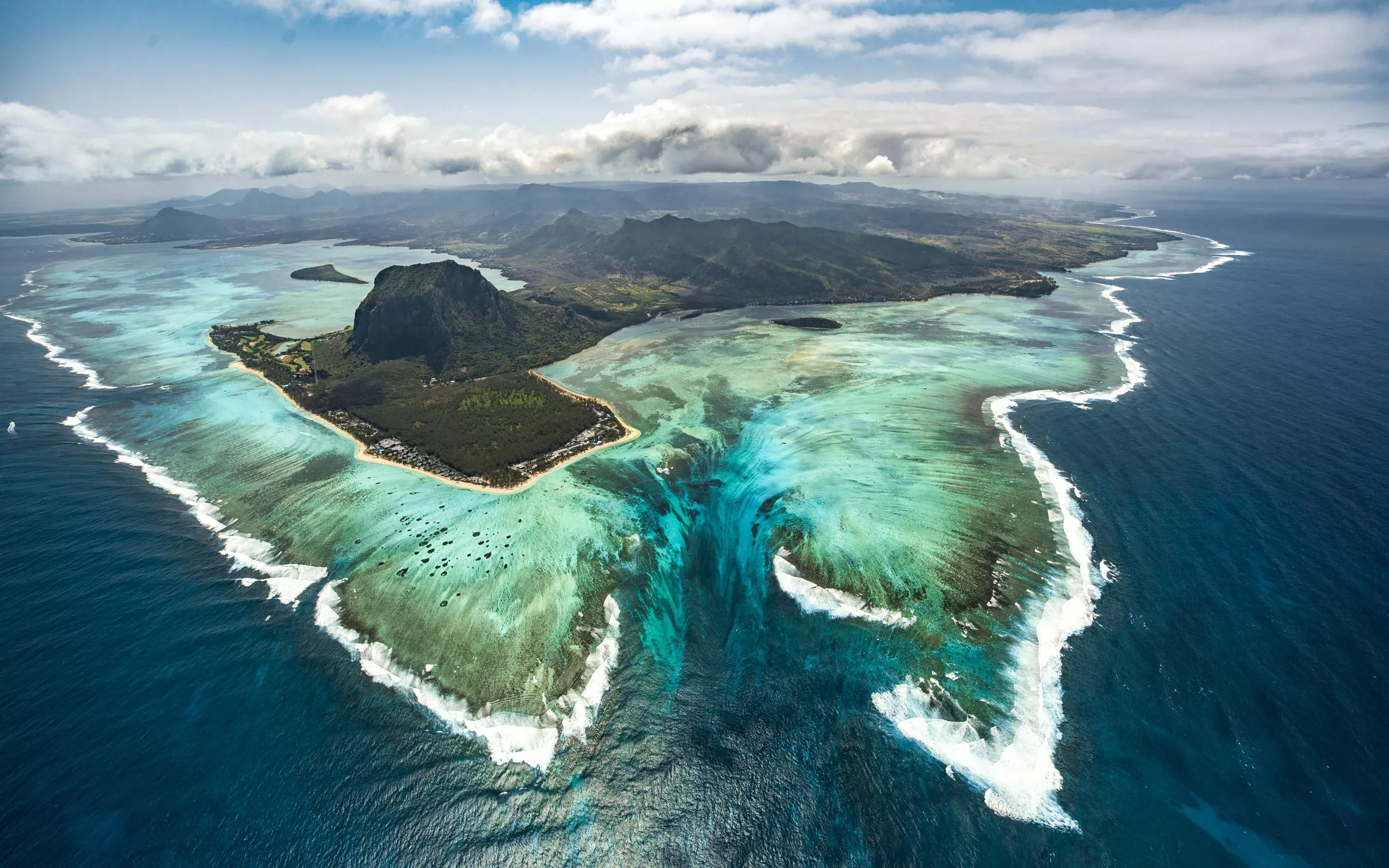 Aerial view of Le Morne Brabant and the Underwater Waterfall Mauritius