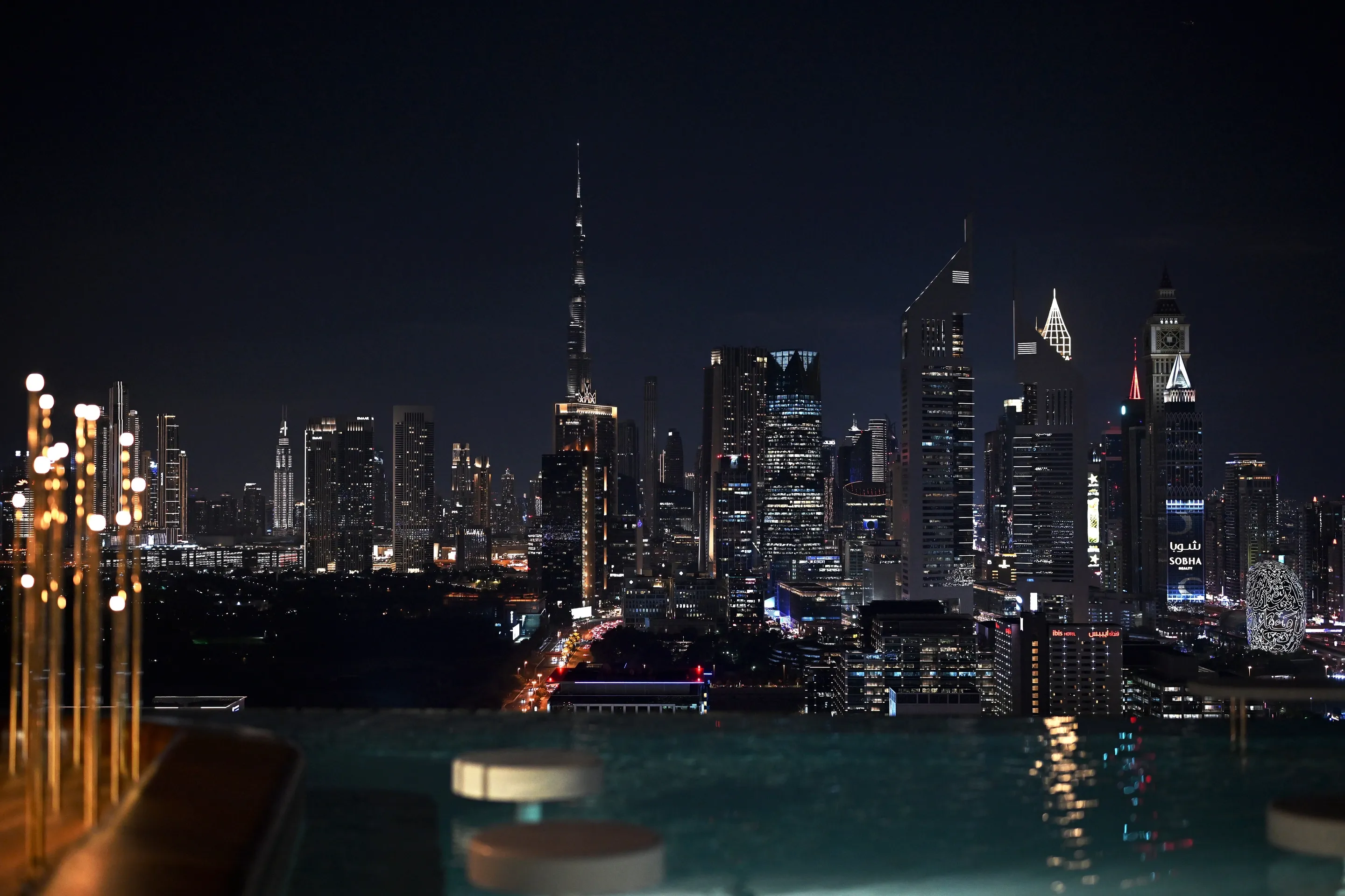 View of dubai skyline at night from Tapasake at One&Only One Za'abeel