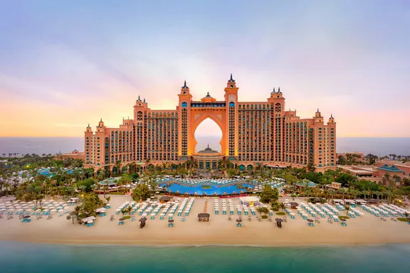 Atlantis the Palm Full Frontal Aerial Shot with Sunlight in the Background