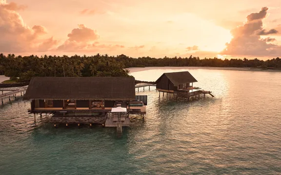 One&Only Reethi Rah - Accommodation - Grand Water Villa with Pool - Drone Sunset Wide