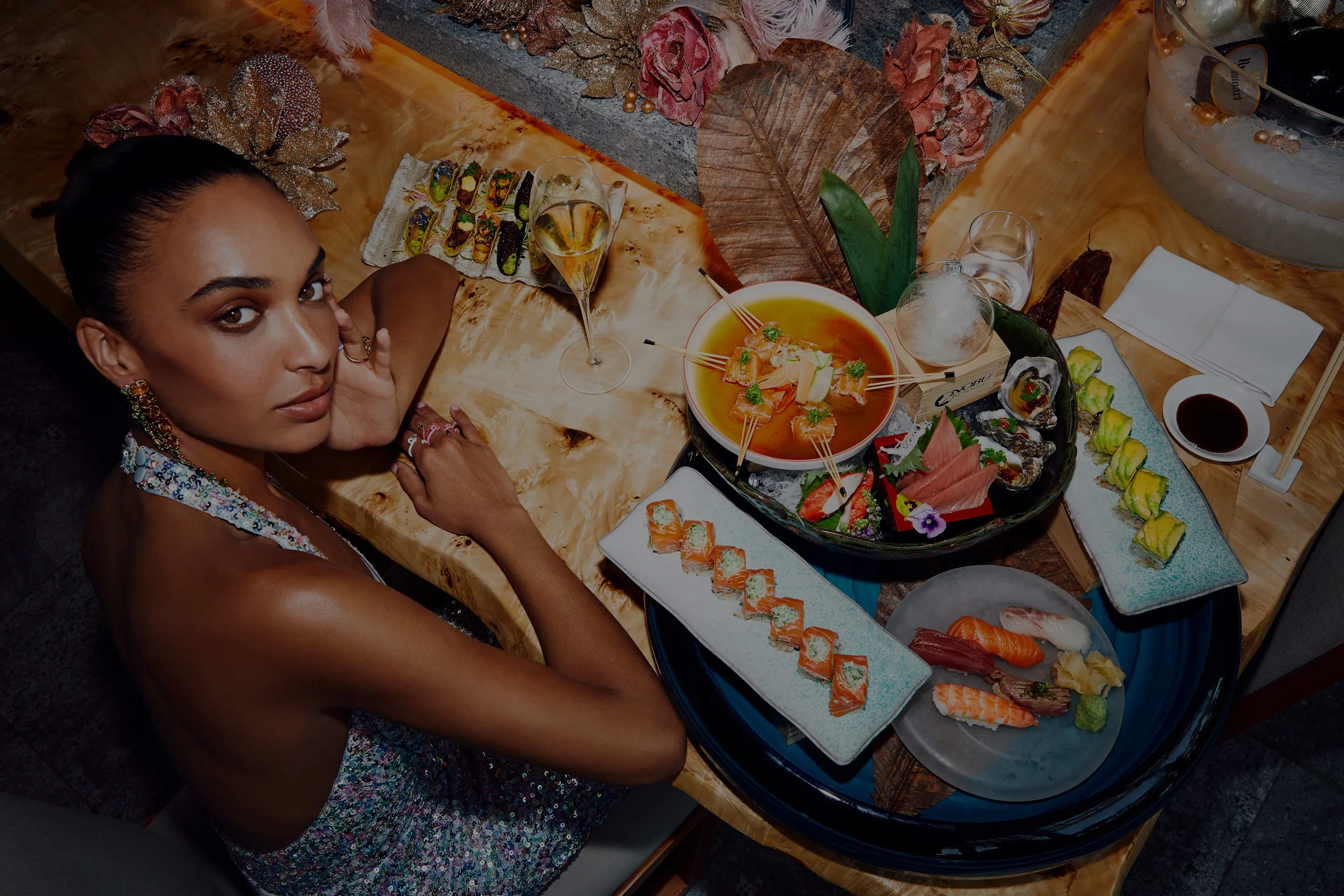 Girl Dining in Nobu By The Beach with Overlay