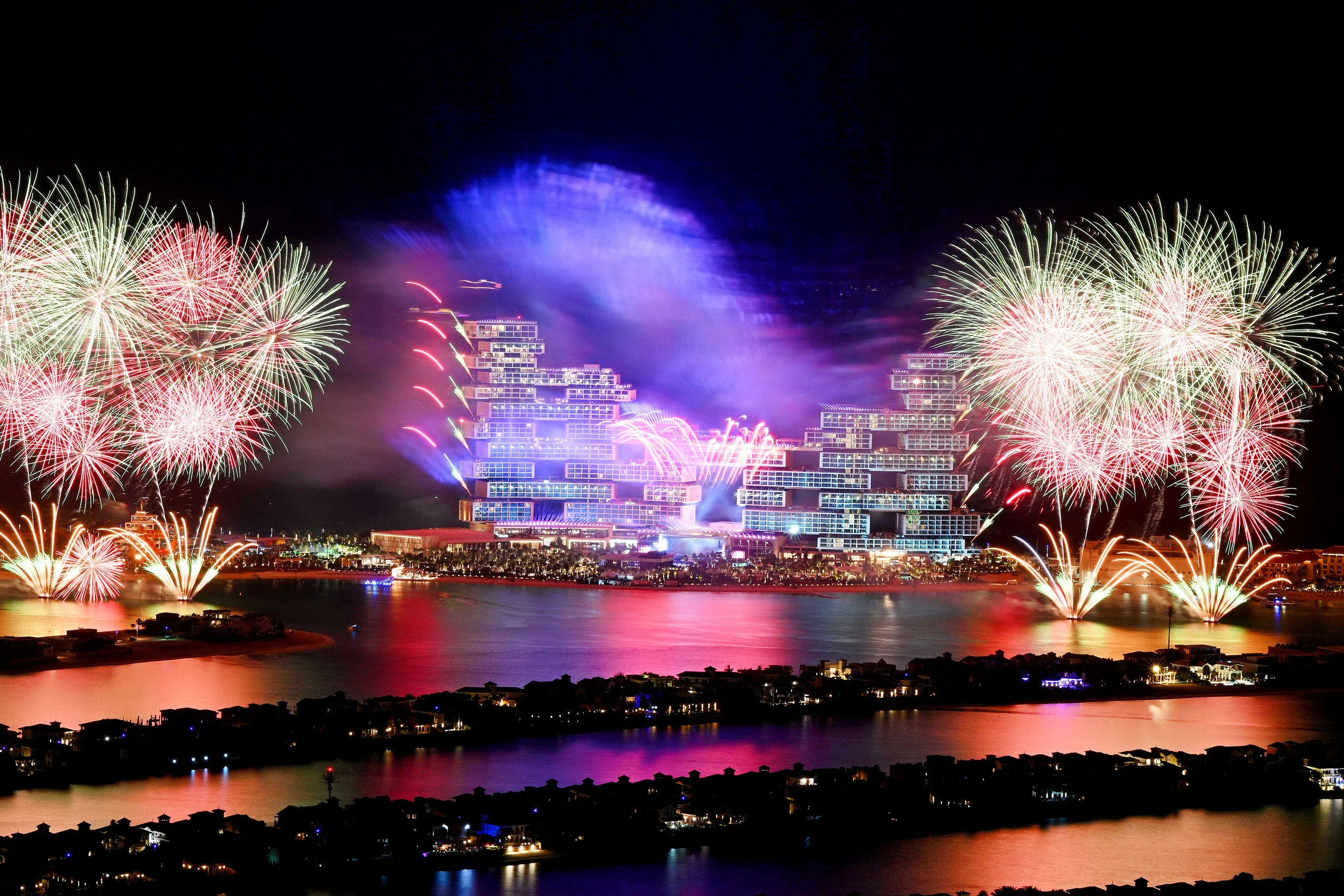 Fireworks on the building of Atlantis The Royal for its grand reveal
